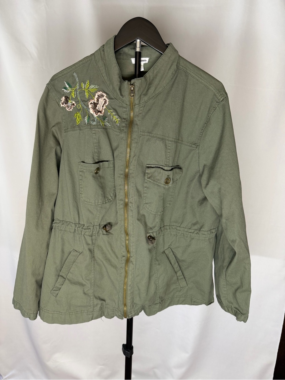 Westport Olive Green Embroidered Floral Utility Jacket Army